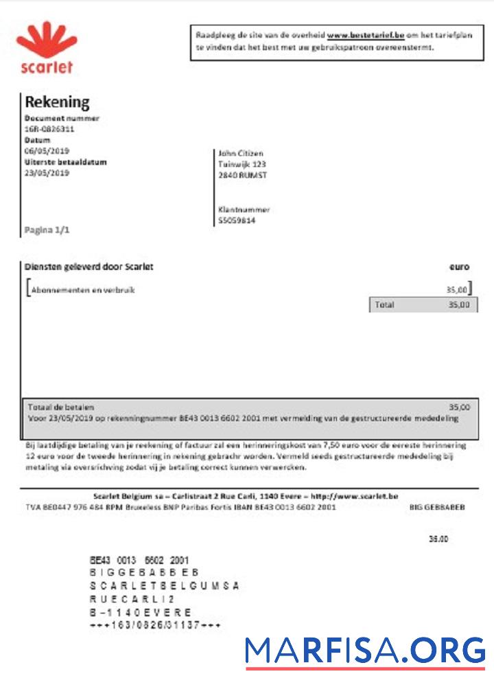Downloadable Belgium Scarlet utility bill template in Word and PDF format (.doc and .pdf)